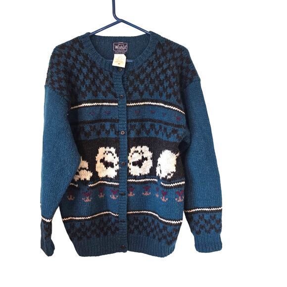 Vintage Woolrich Womens Wool Sheep Print Cardigan Sweater Size XL Blue Black - Picture 1 of 3
